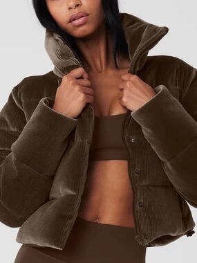 ALO Yoga Corduroy Puffer Jacket in Chocolate Brown